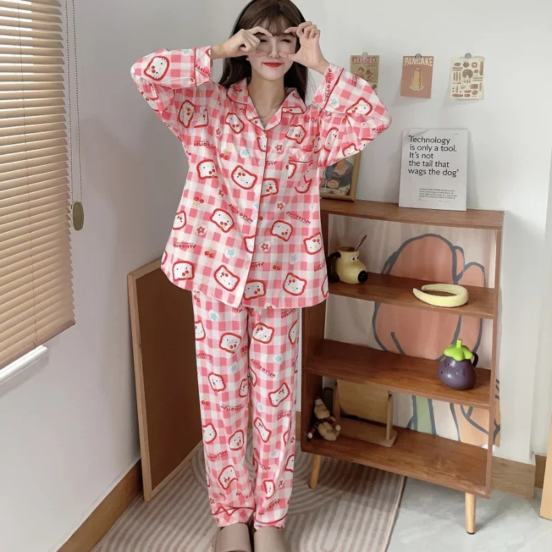 Sanrio Hello Kitty autumn new pajamas female cartoon long-sleeved pure cotton sweet cute comfortable loungewear set