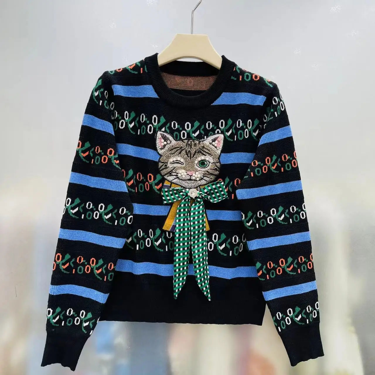 Cat Embroidered Beaded Stylish Sweater Tops Women Jacquard Striped Long Sleeve Pullovers 2024 Spring Vintage Elegant Jumpers