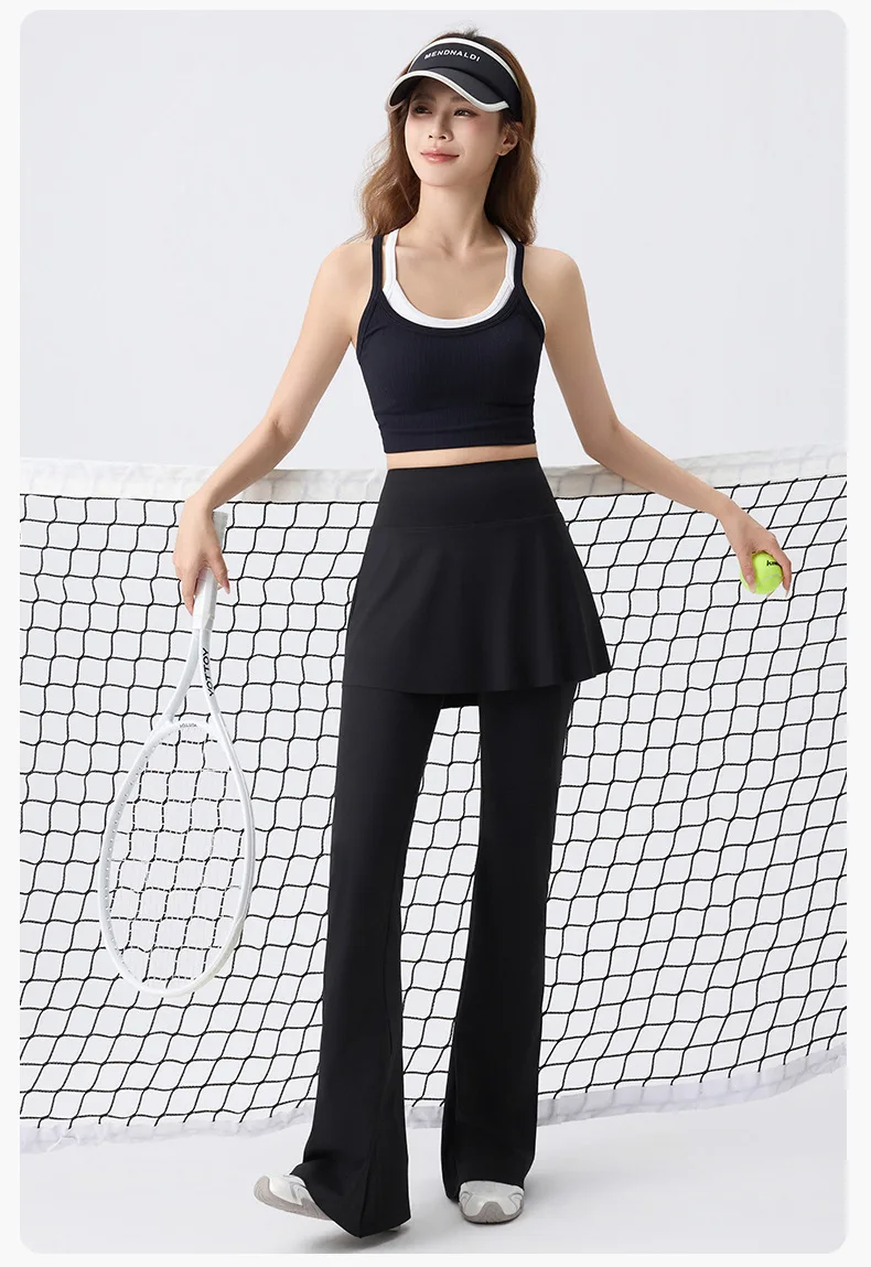 Women's High Waist Tummy Control Flared Yoga Pants with Skirt Overlay 2-in-1 Fall Outwear Sports Leggings for Gym Running