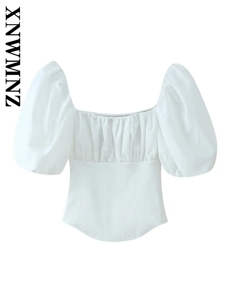 

XNWMNZ 2026 Summer Woman Fashion Bohemian Short Sleeve Square Collar Short Chiffon Blouse Party Holiday Lady White Vintage Top