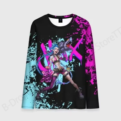 Mens Long Sleeve Anime Game T-shirt 3d Most Popular Arcane League Jinx Print Tshirt Men Women Fashion T shirt Designer Tops Tees