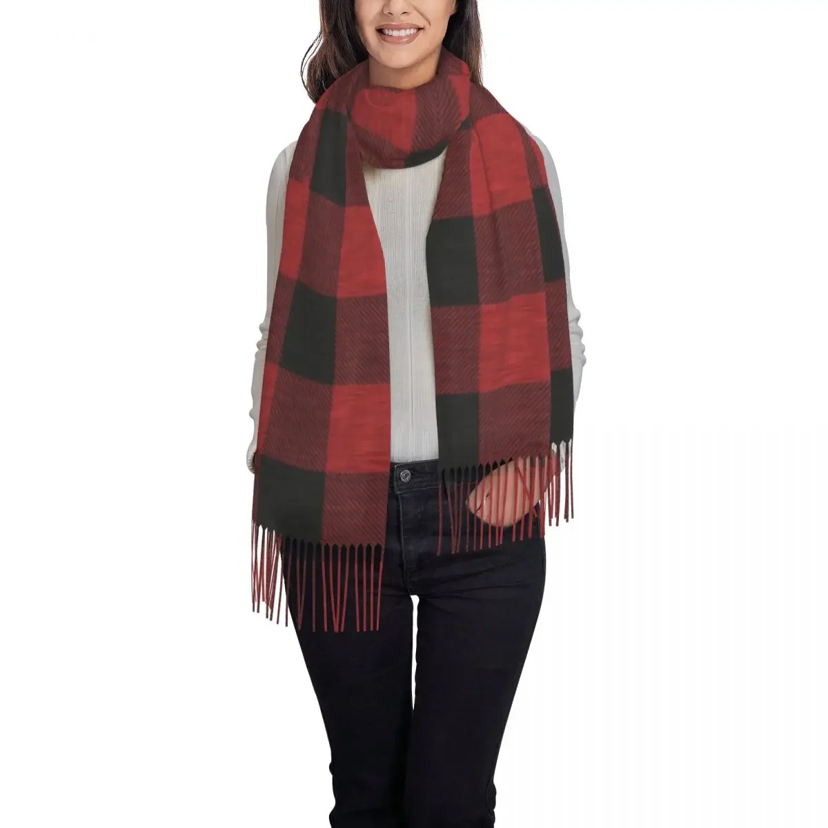 Stylish Red And Black Textured Buffalo Plaid Tassel Scarf Women Winter Warm Shawl Wrap Ladies Geometric Gingham Check Scarves