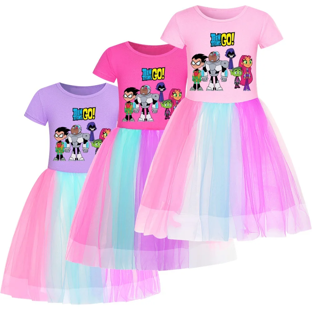 

New Movie Teen Titans Go Clothes Kids Summer Vacation Outfits Children Cartoon Casual Dresses Girls Gauze Flying Sleeve Vestidos