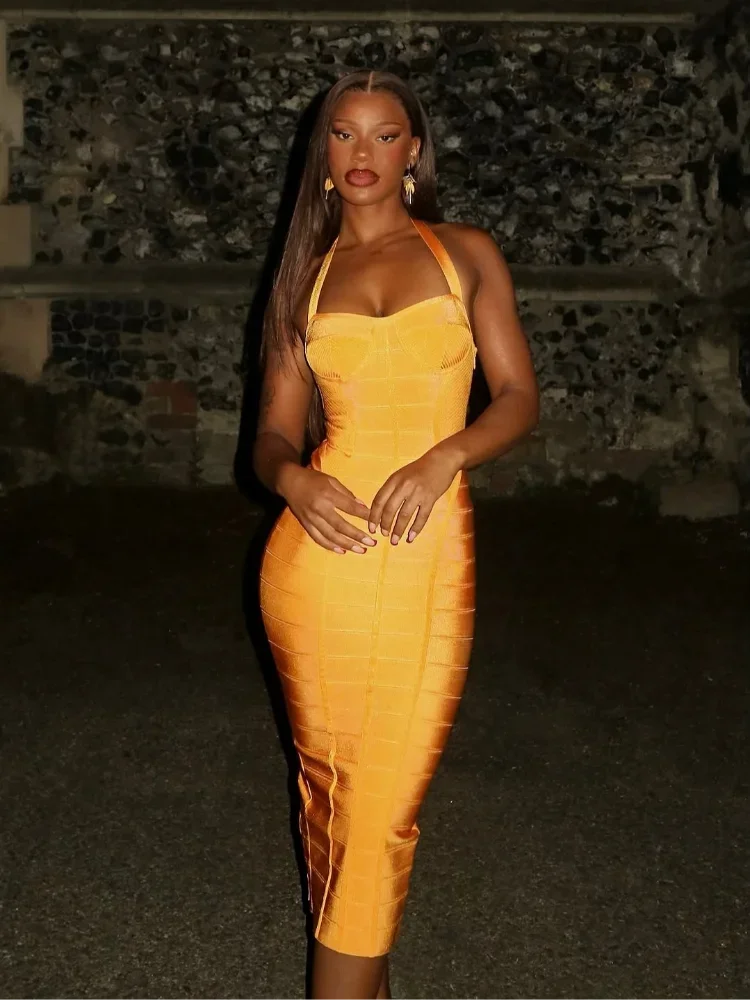 Moda amarelo plissado magro halter maxi vestidos femininos sem mangas cintura alta fora do ombro vestido nova senhora bandagem festa wear