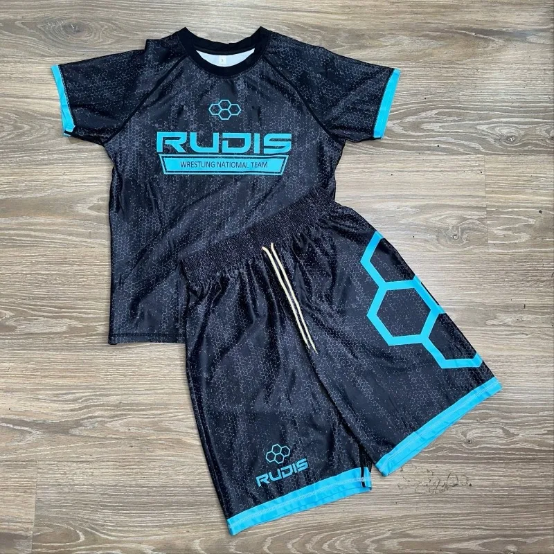 Summer Kid Black Honeycomb Print Wrestling Style Sport Set Quick Dry Rash Guard & Shorts Breathable Athletic Training Uniform