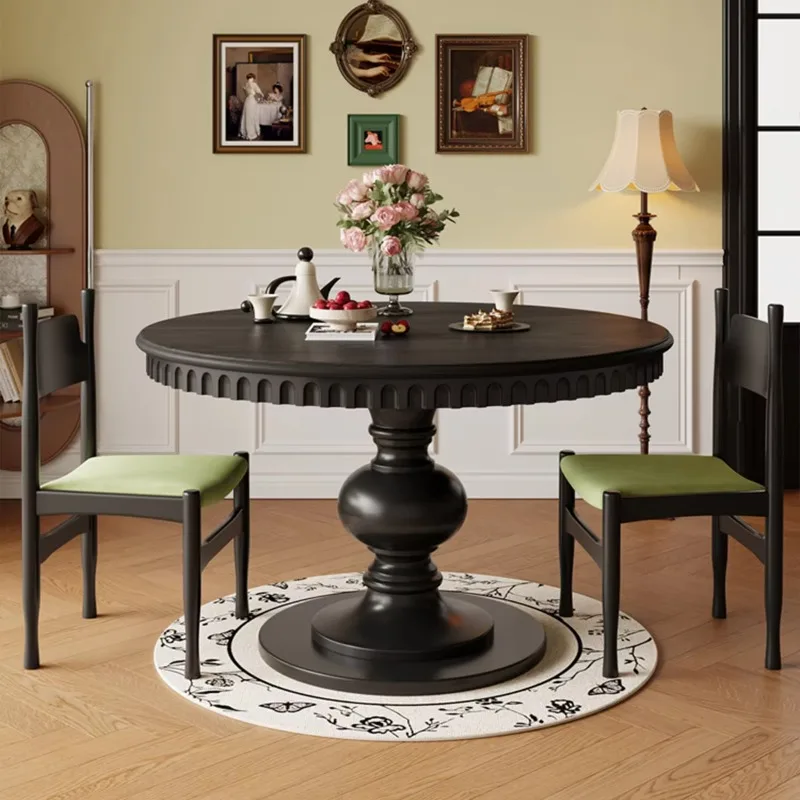 Black Light Luxury Dining Table Wholesale Hotel Retro Style Meeting Table Dining Room Furniture Wooden Round Dining Table Set