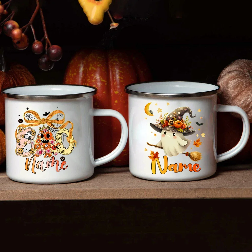Tazas esmaltadas de Halloween, taza de campamento, truco o trato, nombre personalizado, taza de Halloween, regalos lindos para niños
