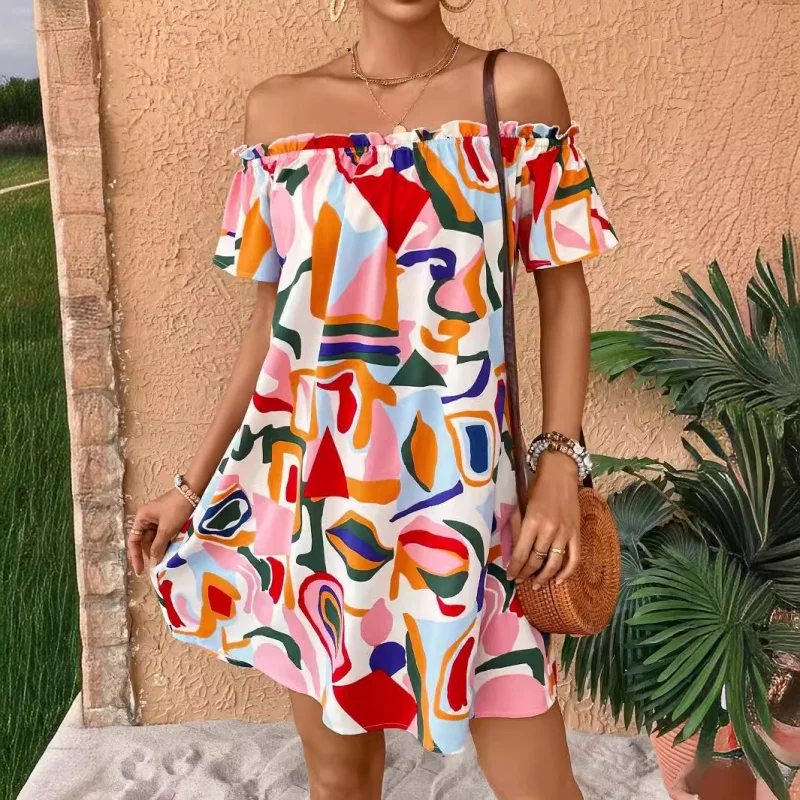 

Elegant Ladies Tropical Print Off Shoulder Dress Tropical Style