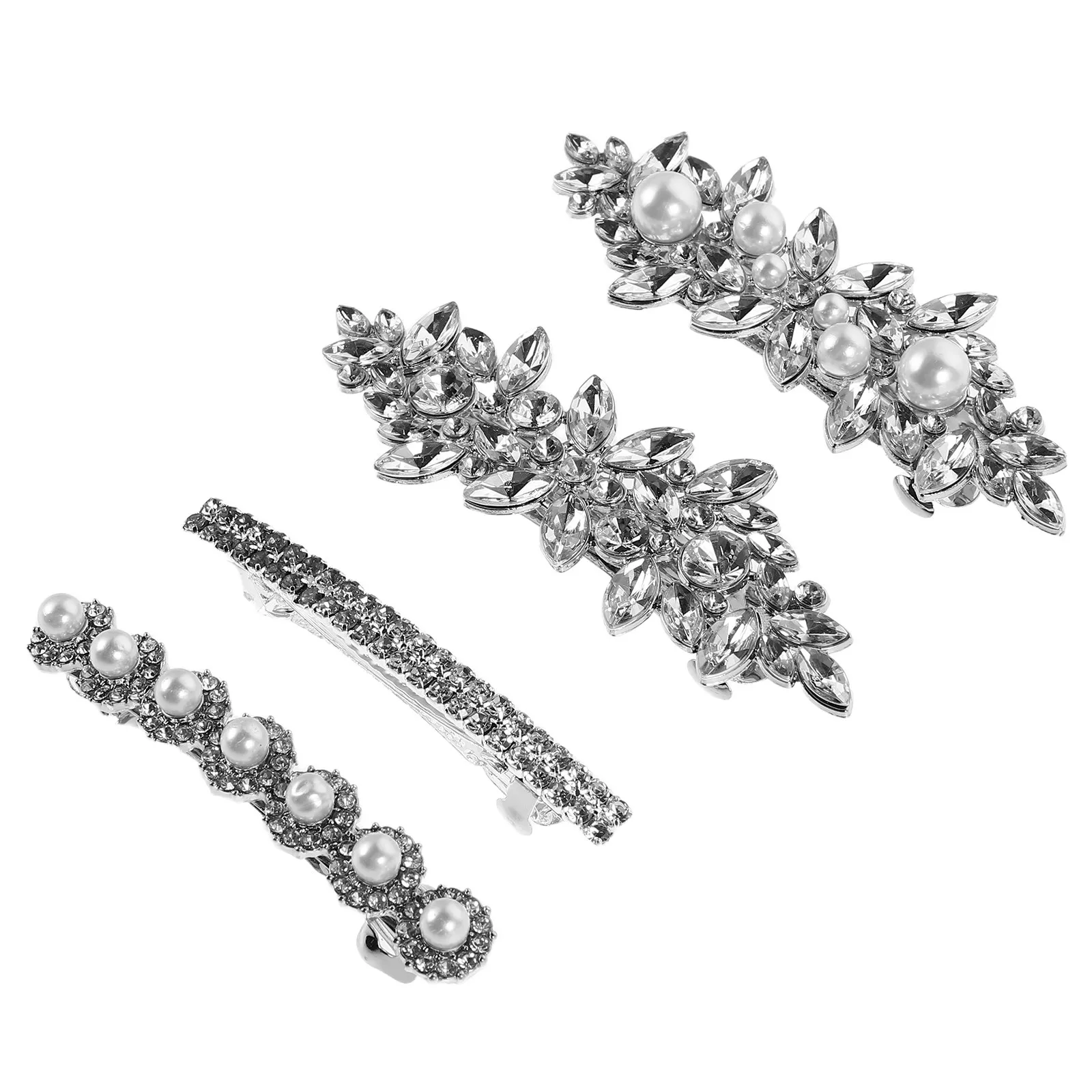 4Pcs Bridal Wedding Hair Clips Rhinestone Barrette Sparkling Snap Clips Simulation Pearls Elegant Ponytail Clip Party