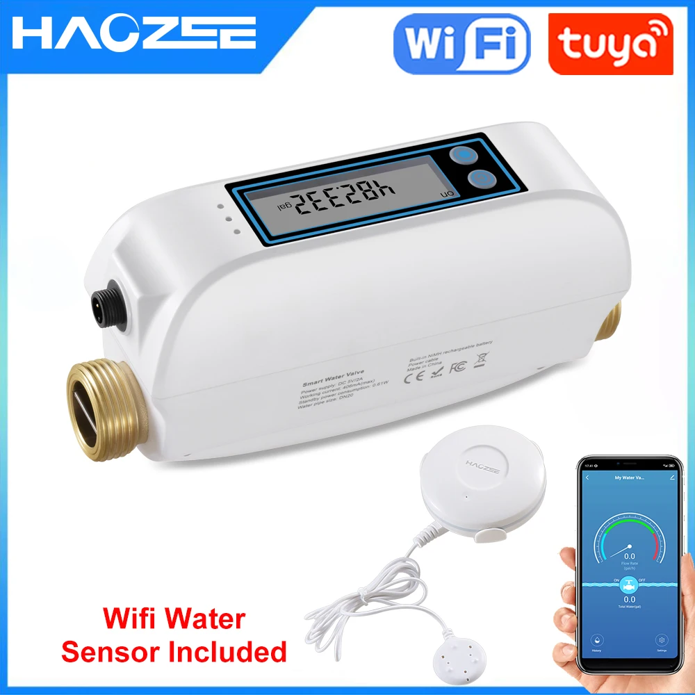 Haozee Tuya Smart WiFi Wasserventil-Wasserdurchflussmesser, eingebauter wiederaufladbarer Akku für