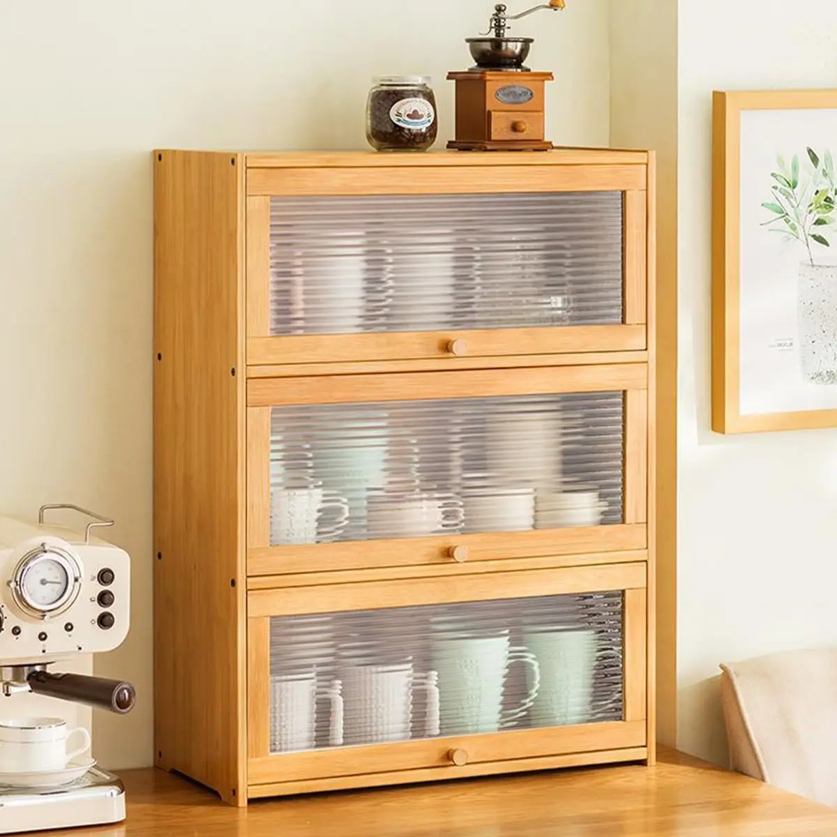 

Gdrasuya10 3 Tier Countertop Kitchen Pantry Storage Cabinet, Bamboo Pantry Sideboard Cabinet with 3 Doors Freestanding Kitchen C