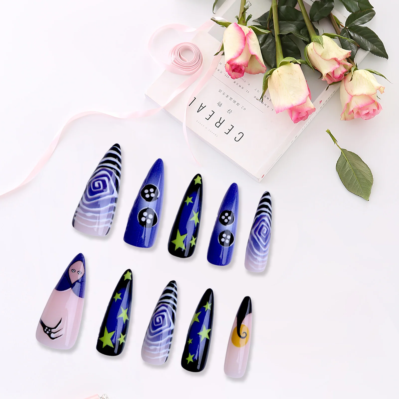 

24pcs Blue Star Night False Nails 2025 Halloween Wearable Fake Nails Tips for Girl European Punk Long Almond Press on Nails