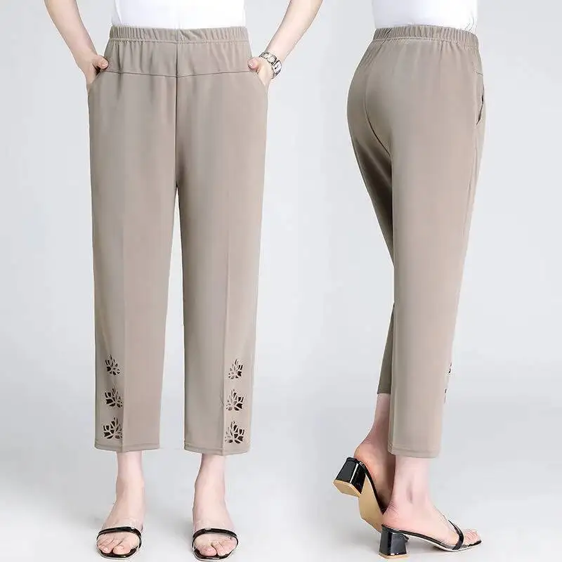 Women Capris Pants 2025 Women's Summer Breeches Casual High Waist Cropped Pants Woman Hollow Out Straight Calf-Length Trousers