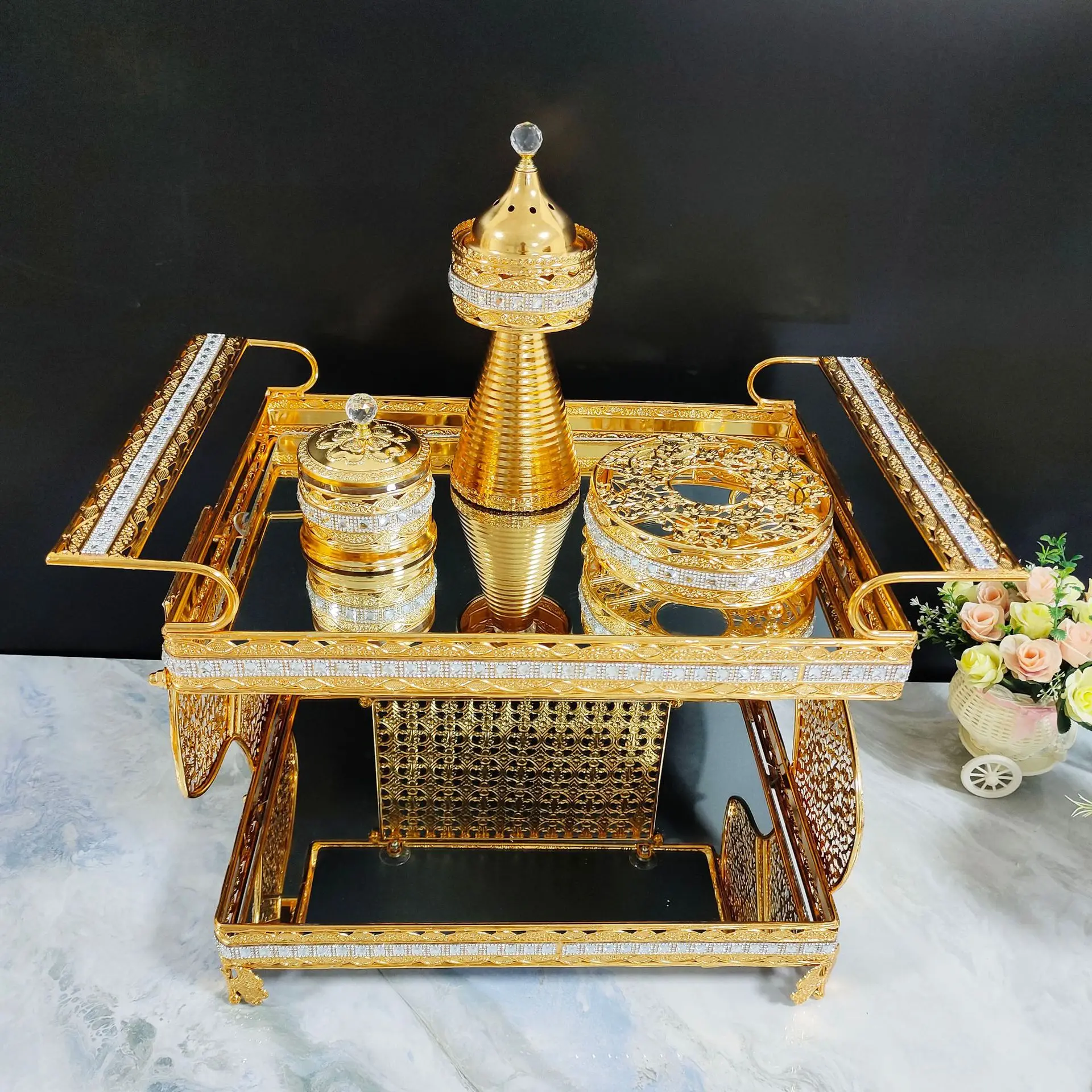 

Cross-border Middle East Arabian coffee table incense burner aromatherapy burner luxury home high-end ornament metal set glass