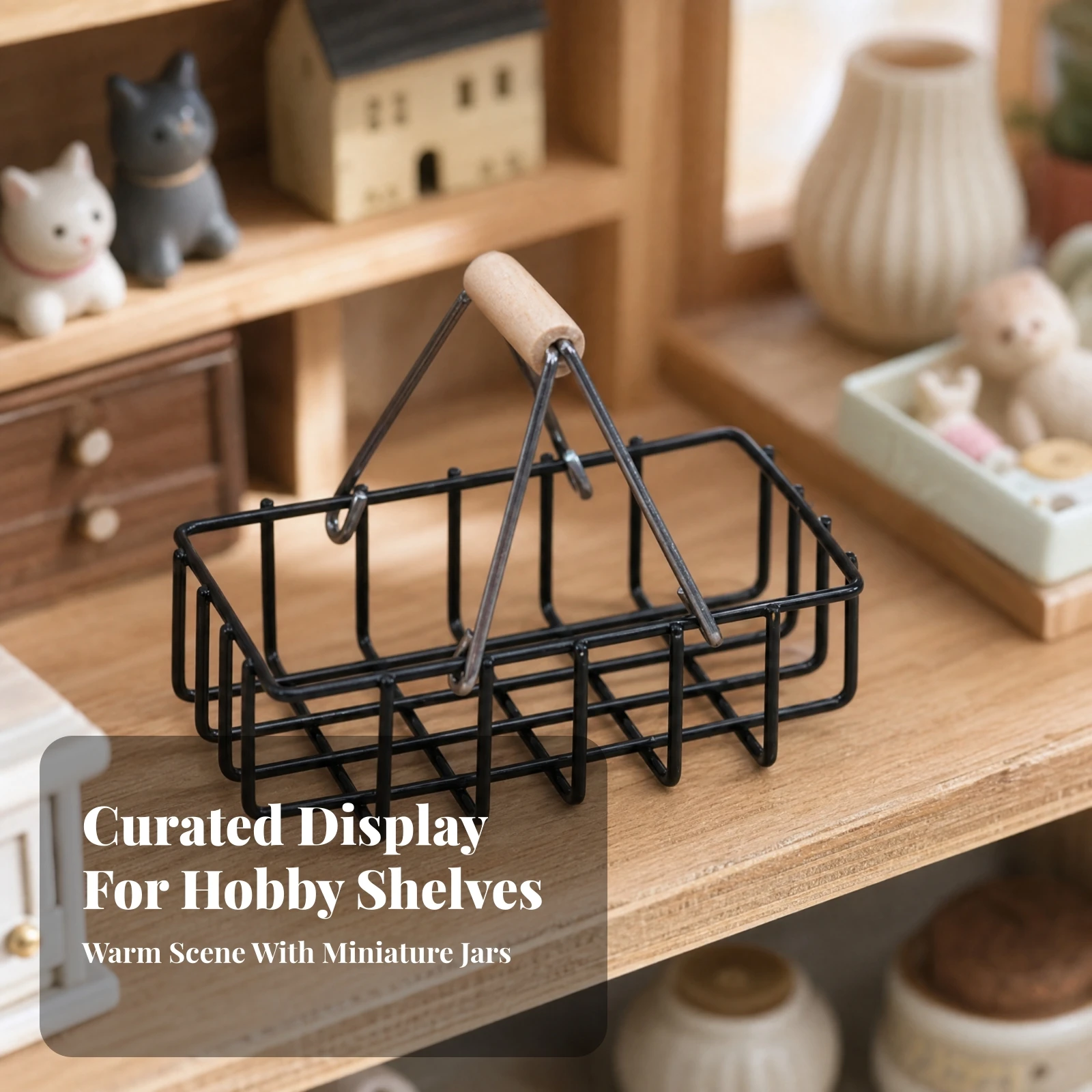 Miniature Black Alloy Hand Basket Collectible Miniature Market Basket with Wood Grip Handle Realistic for BJD Collectors