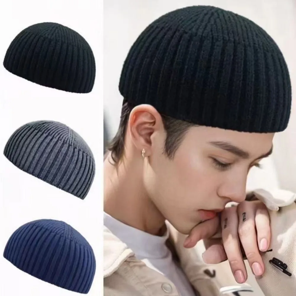 Gift Soft Striped Knitted Beanie Solid Color Lightweight Short Crochet Landlord Cap Thermal Windproof Warm Men Cap Driving