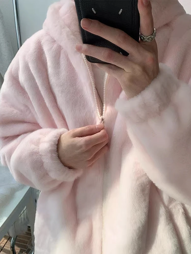 

Thiened Winter Jaet Men's Casual Hooded Fce Lined Plu Cotton Coat Northeast China -40 Deees Cold Resistant Pink