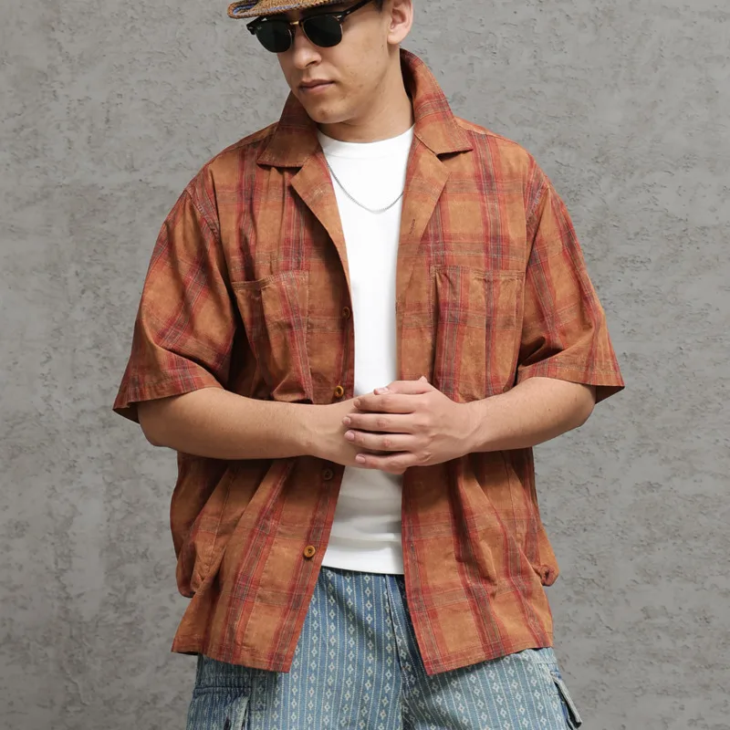 HKSH Plaid Cuban Collar Shirt Short-Sleeve Men Tide Batik Distressed Spring Summer New Thin Chic Ins Vintage Fashion Top HK23715