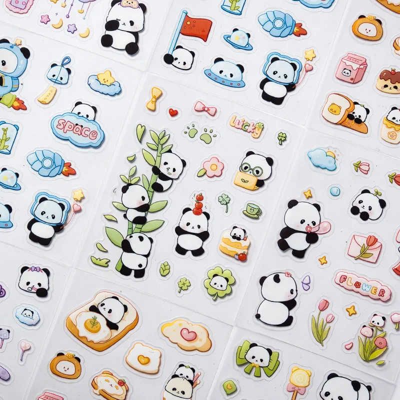 8Pcs Cute Handmade Panda Pattern Cartoon Stickers for Kids Fun Self-Adhesive Planner Stickers Waterproof Panda Stickers