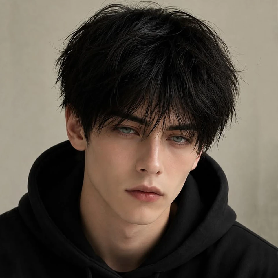 Men's Natural Black Short Straight Pixie Cut Wig with Bangs Synthetic Layered Haircut Wig K-pop Style Suitable for Daily Wear