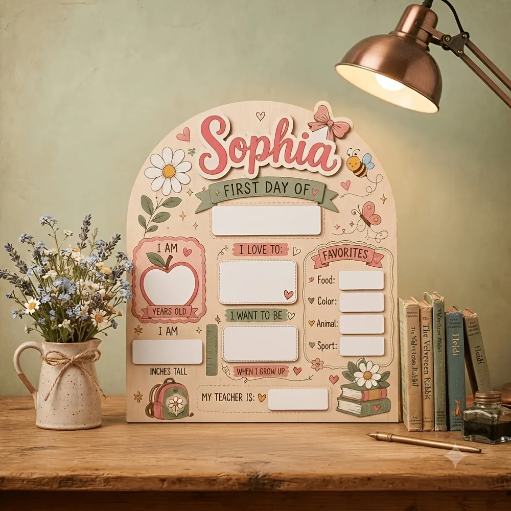 Custom Name First Day of School Wooden Sign, Reusable Back‑to‑School Photo Prop, Cute Daisy Floral Milestone Board for Girls Pre
