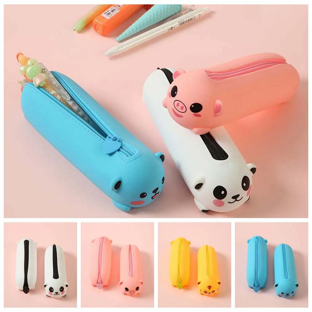 Waterproof Cartoon Silicone Pencil Case Washable Large Capacity Soft Pencil Pouch Bear Pig Stationery Storage Bag Travel