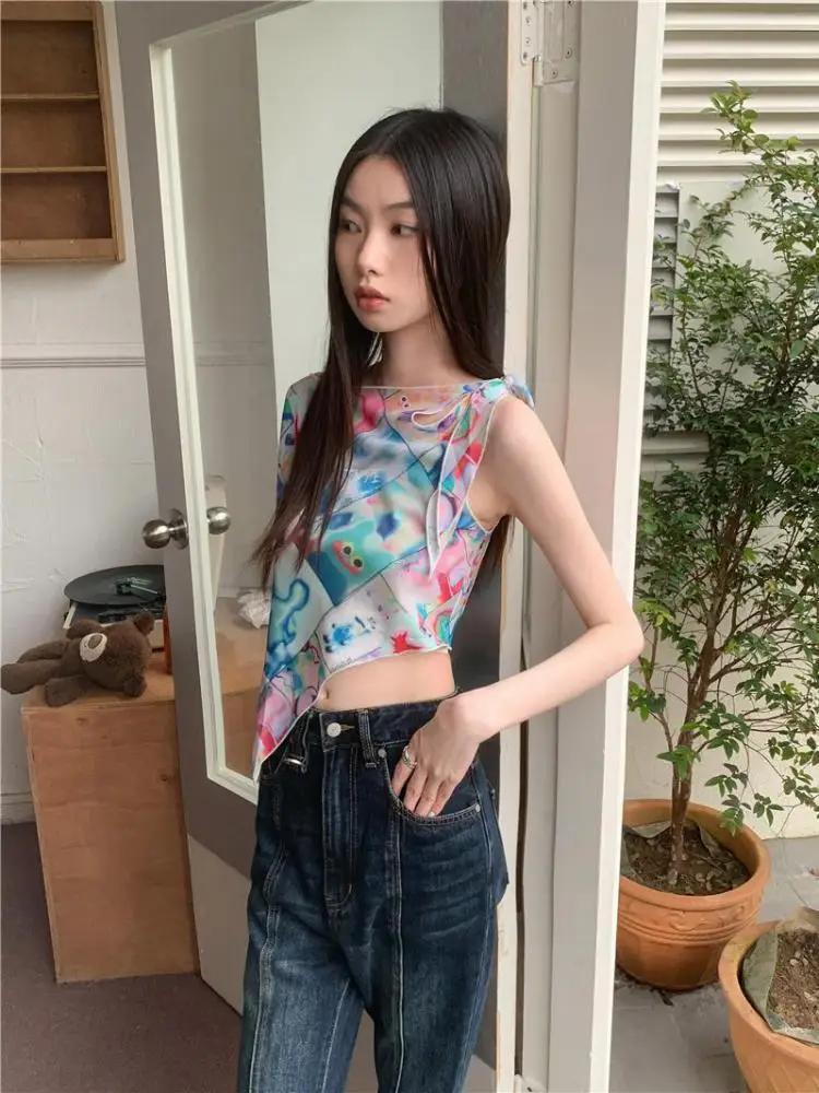 Yedinas Vintage Chiffon T Shirt Women Irregual Mesh Crop Tops Y2k Retro Tee Tops Streetwear Summer Tshirts 2000s Japanese Tees