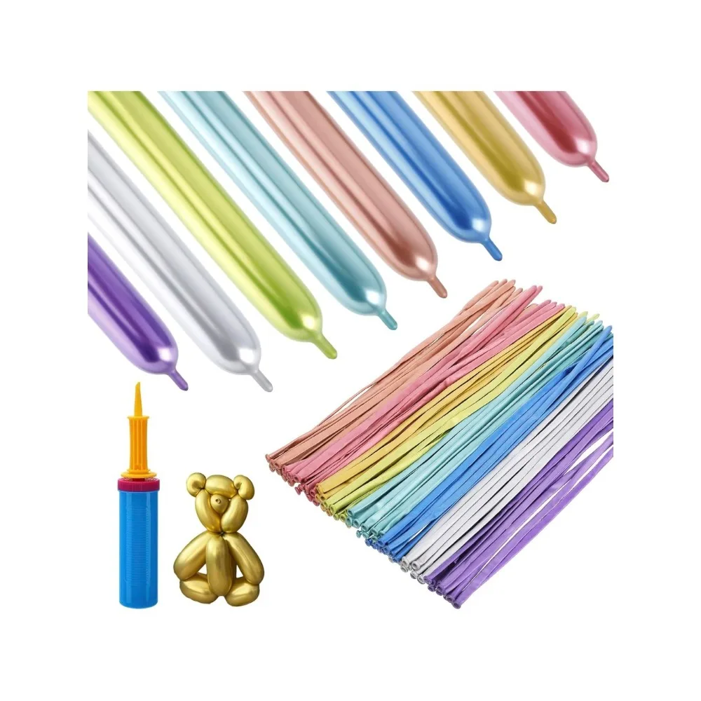 

100-Pack 260Q Twisting Balloons with Pump – Metallic Assorted Colors for Animal & Flower Shapes