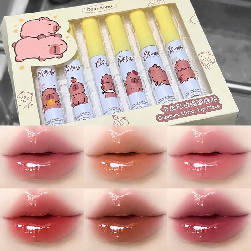 6-color  Mirror Lip Glaze Set Cute Capybara 6 Colors Highly Pigmented Lip Stain Hydrating Glossy Lip Makeup Perfect Gift