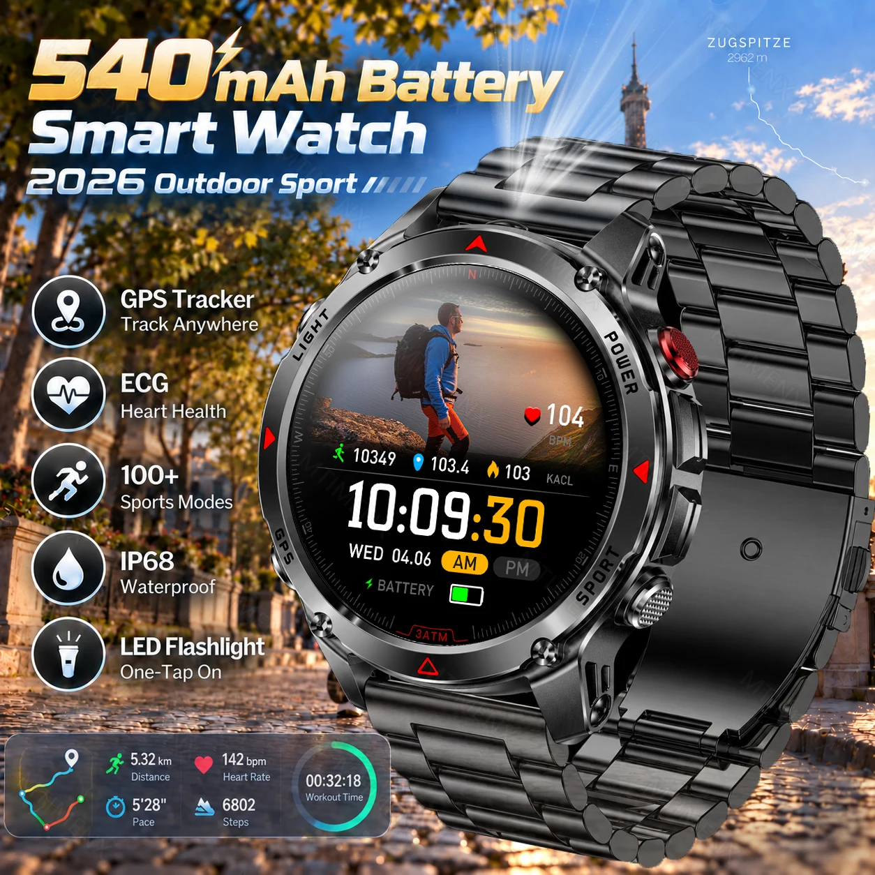 Smartwatch da uomo 540mAh 2026 con batteria a lunga durata, tracciamento GPS, chiamate Bluetooth, bussola, impermeabile 30M, per fitness e sport all'aperto, spedizione locale