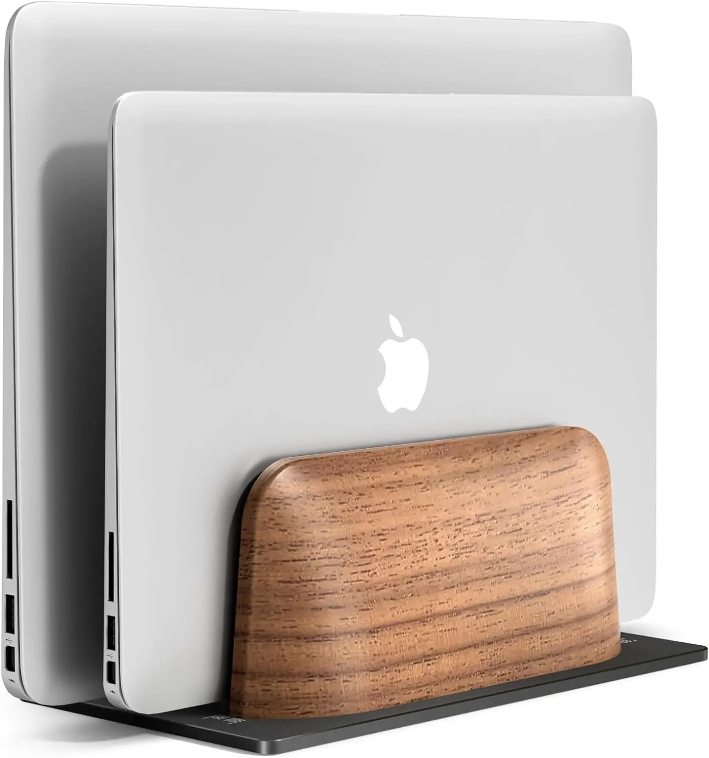 HPERGO Soporte vertical para computadora portátil, soporte vertical para computadora portátil de madera con doble ranura para escritorio, base de ancho ajustable para MacBook Pro