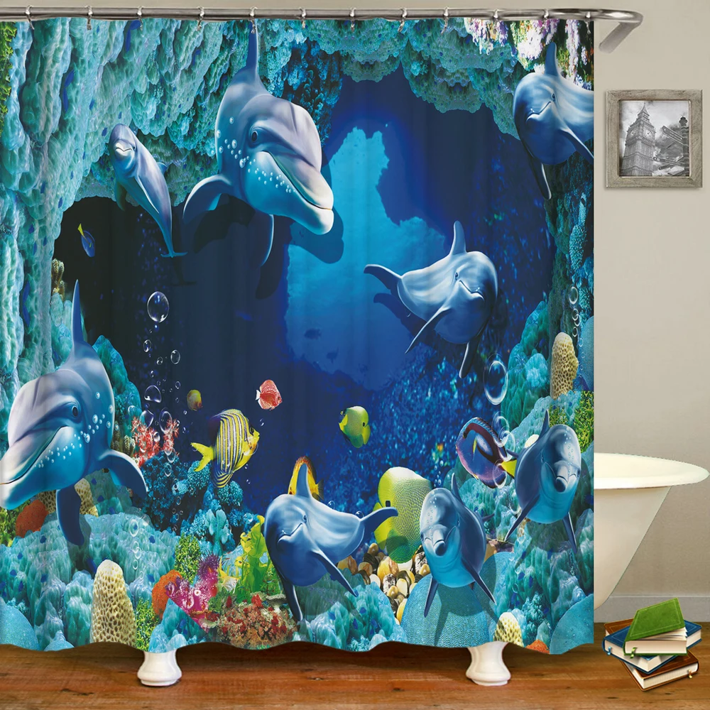 3d Printing lovely Dolphin Ocean Sea Shower Curtain Waterproof Bathroom Curtain With Hooks Bath Curtains 180*200cm Fabric