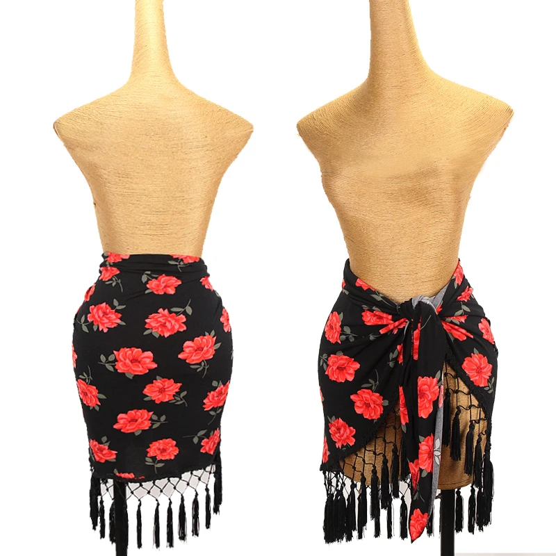 Flower Print Latin Dance Skirt Women Fringe Hip Scarf Sexy Practice Clothes CHa Cha Rumba Samba Performance Clothing DNV19048