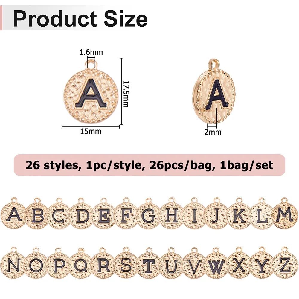 1-pacote-com-26-pecas-de-pingentes-de-liga-esmaltados-redondos-planos-com-letras-a~z-cor-dourado-claro-e-preto-175x15x2mm-furo-16mm-1-peca-estilo