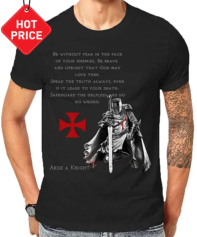 

Футболка с изображением христианского воина-тамплиера и клятвой, 100% хлопок, с круглым вырезом, летняя, с коротким рукавом, повседневная мужская футболка, размеры S-3XL