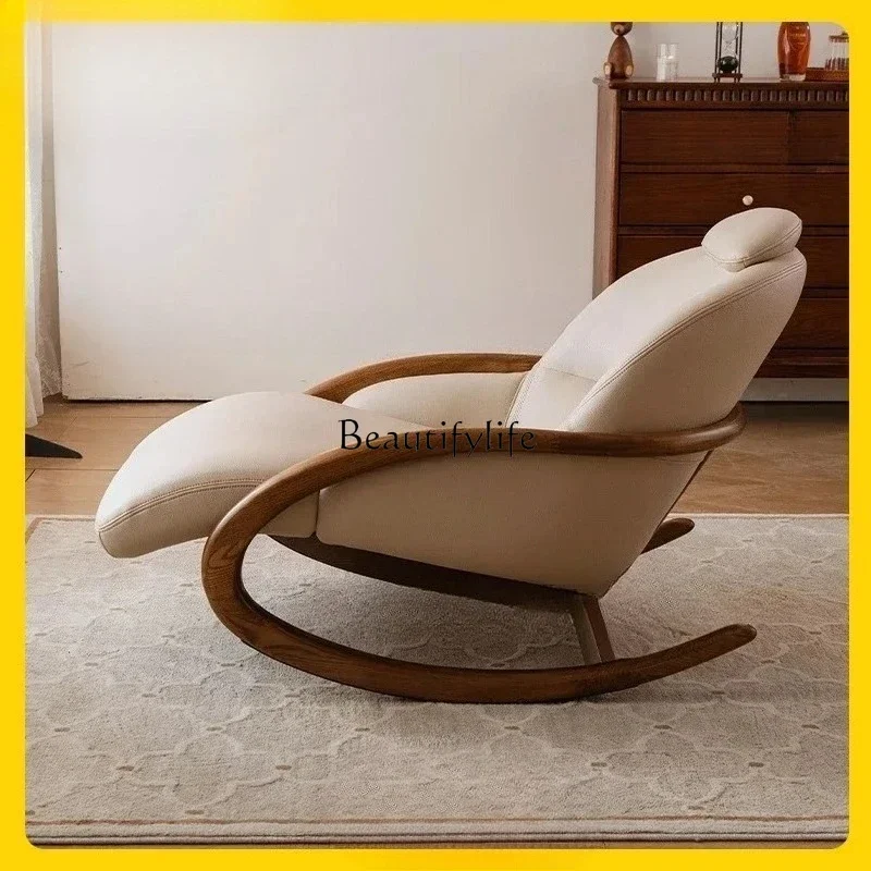 

yj5 Ash wood free chair leisure balcony bedroom single leisure chair leather solid wood rocking chair