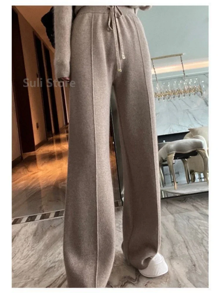 

Women's Wool Wide-Leg Pants Fall/Winter High Waist Drooping Slimming Casual Loose Straight Knit Mop Trousers Outer Wear