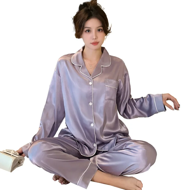 Women\'s Pajamas Sets Spring Autumn 2 Piece Buttons Down Pyjama Faux Silk Satin Sleepwear Long Sleeve Pijama Mujer Pjs Homewear