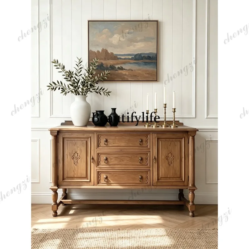 

French retro dining side cabinet American solid wood entrance locker living room storage cabinet