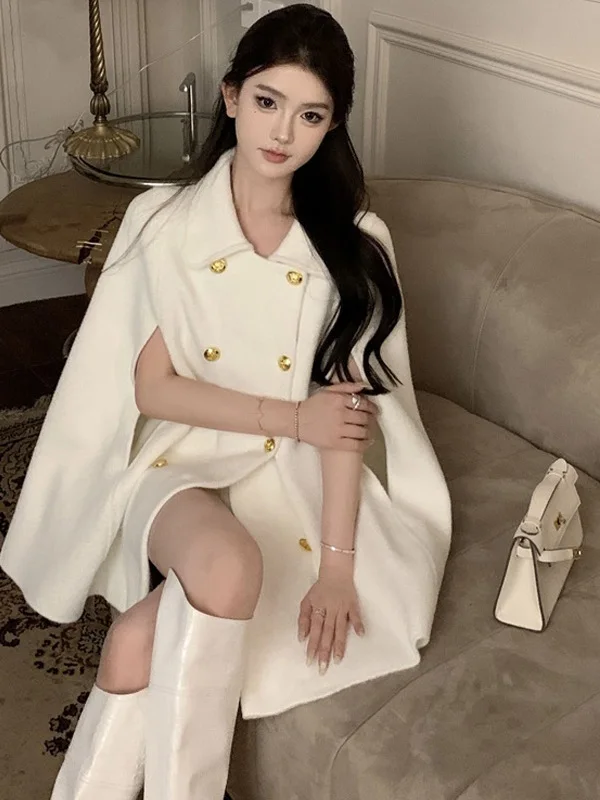 

Rich Girl Small Fragrance Woolen Coat Women's Autumn Winter High-End Short Cowl Neck Coat Korean Style Button Detail