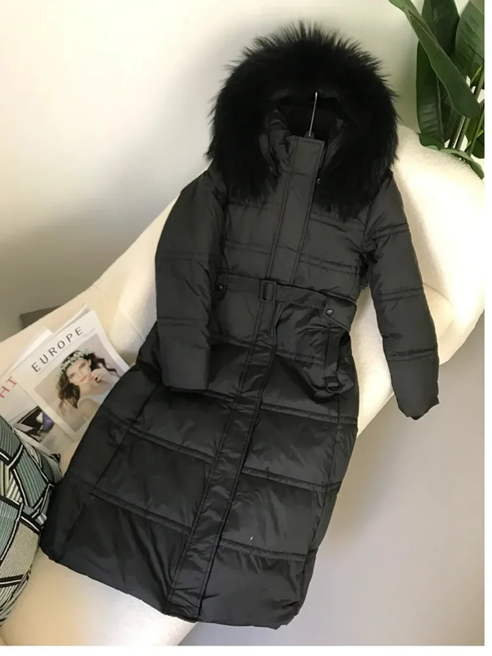 Natural Fox Fur Collar Jacket Women 2024 Long Winter Real Raccoon Thick Warm Duck Down Coat Belt Outerwear Streetwear