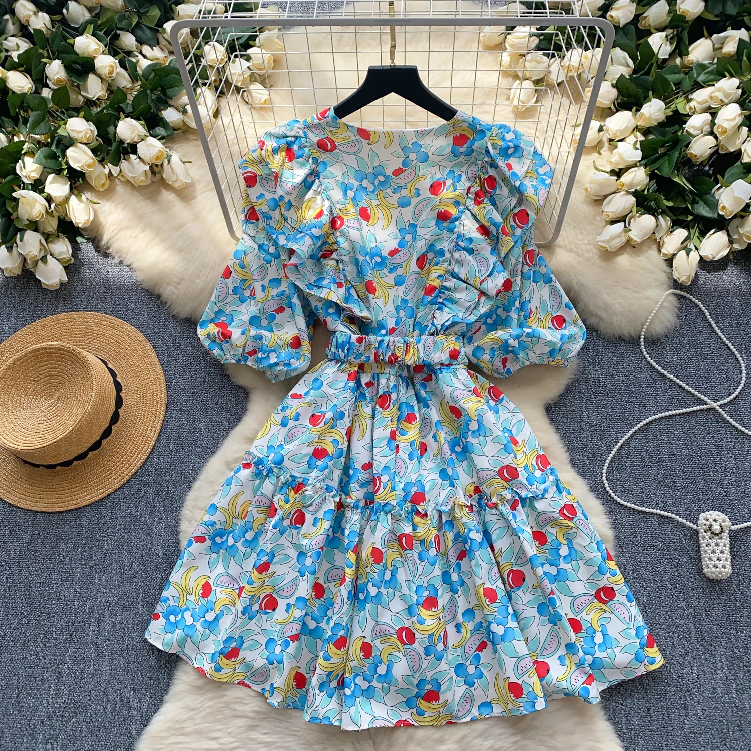 Summer Floral Short Dress for Women Ruffle Layered Hem Dresses Bohemian Place Elegant Ruched Bust Beach Vacation Vestidos New In