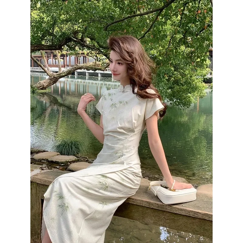 

Slim Bamboo Printed Cheongsam Vintage Elegant New Chinese Style Qipao Dress