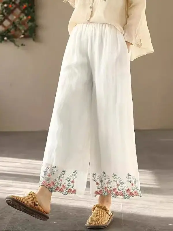 Novas Calças de Linho de Algodão Bordadas Chinesas com Pernas Largas para Mulheres, Calças Casuais de Verão com Cintura Alta e Corte Reto