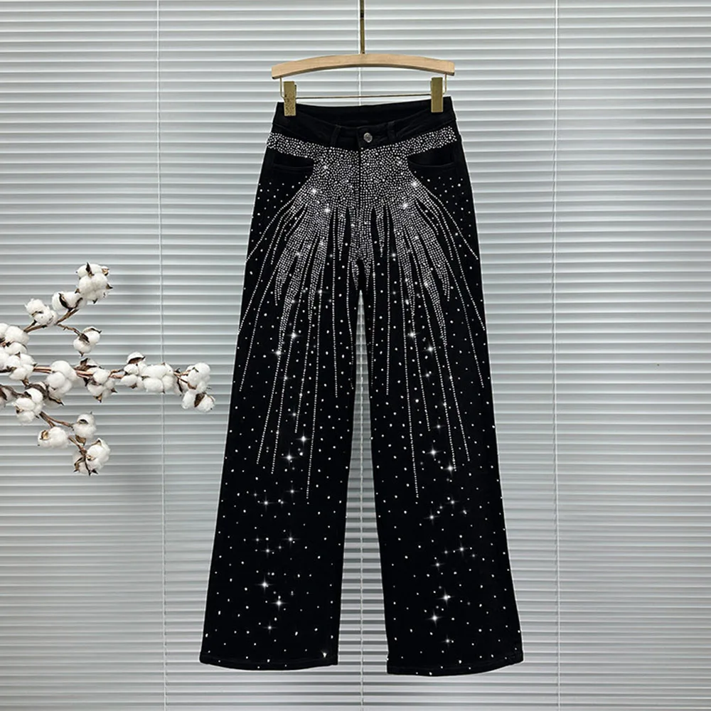 

New Stylish Spring Summer Rhinestone Denim Jeans Women's High Waist Wide Leg Pants Ladies Bling Rhinestone Jean Trousers