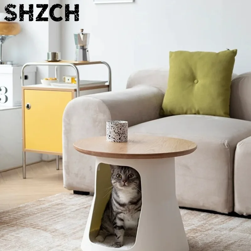 Solid Wood Minimalist Cat Side Table Multi-Functional Coffee Table Pet Bed for Living Room Home Use Cat Furniture