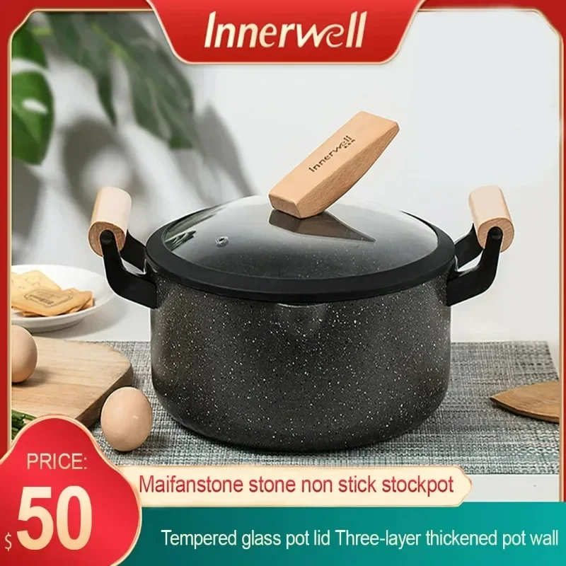 Innerwell Home Kitchen Stock Pots Double Handle Maifanstone Saucepan Frying Pan Glass Lid Nonstick Toxin Free Smokeless Cooker