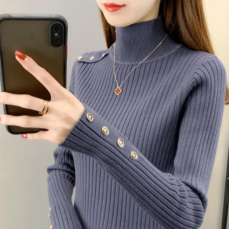 Women's Clothing Half High Collar Screw Thread Solid Color Pullover Long Sleeve Button Sweater Knitted Casual  B270