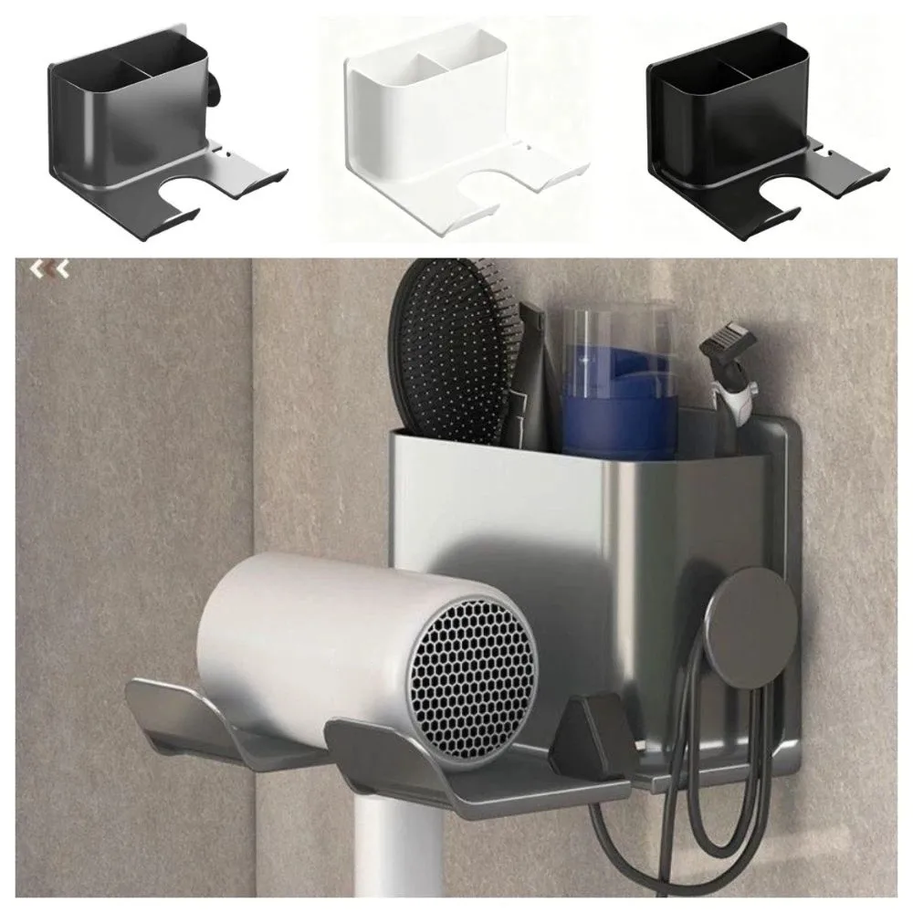 Non Perforated Hair Dryer Holder Self-adhesive Portable Wall Mounted Holder Multiple Compartments Durable