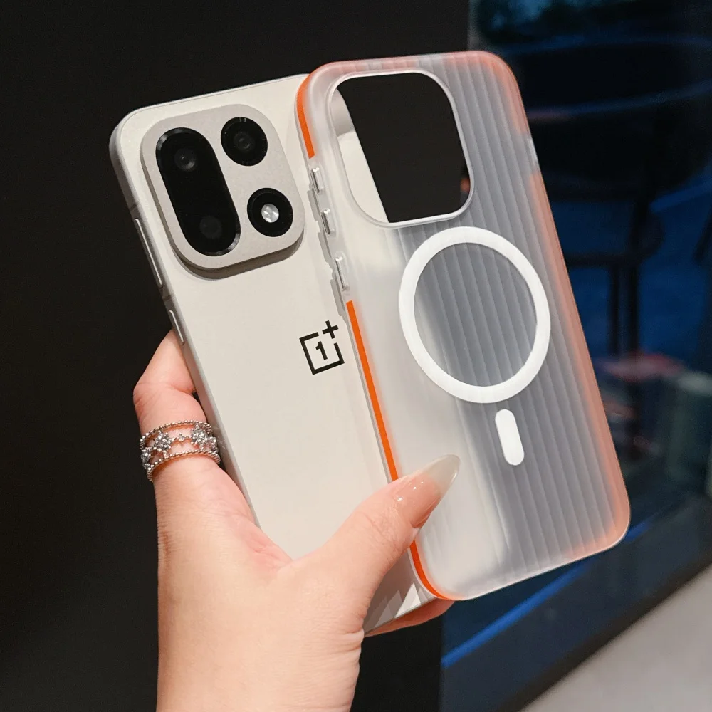 Luxury Frosted Clear Ice Mist Corrugated Stripe Phone Case For OnePlus 1+ 15 ForMagsafe Magnetic Wireless Charge Bumper Cover